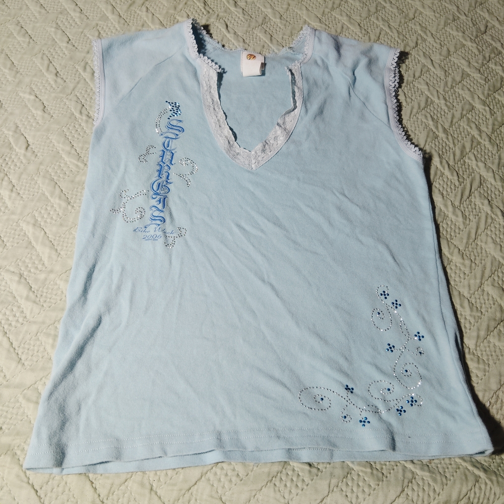 Light Blue Women's Short Sleeve Tee with Lace Trim